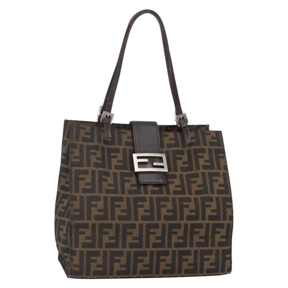 FENDI Zucca Canvas Mamma Baguette Tote Bag Black Brown Auth 147540 - Picture 2 of 16
